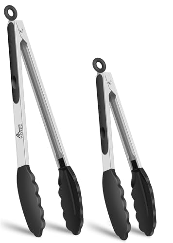 HOTEC Stainless Steel Kitchen Tongs with Silicone Tips, Set of 2-7" and 9" - color: Black:9+7inch
