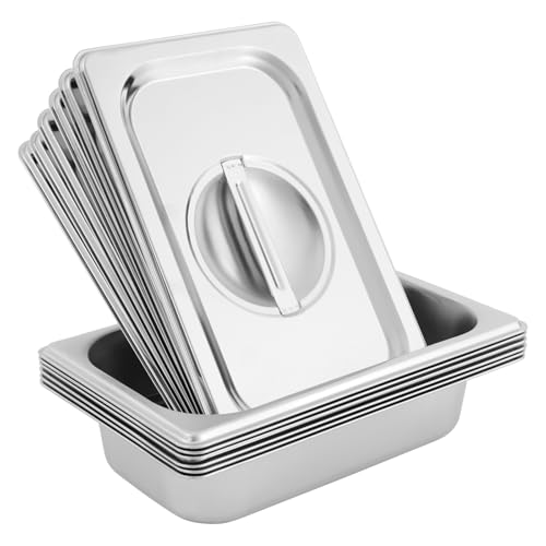 6 Pack Stainless Steel Hotel Pans with Lids, 1/9 Size or 1/4 Size Commercial Metal Food Catering Trays for Steam Table, Buffet Serving, Food Storage & Preparation (1/4 Size 2.7Qt) - size: 1/4 Size 2.7Qt