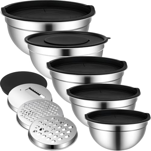 HOOTO Stainless Steel Mixing Bowls with Lids, 5 Pcs Mixing Bowls with Lids Set Included 3 Grater Attachments, Size 4.5, 4, 3.5, 2.1, 1.5QT Mixing Bowl Set for Baking and Serving (Black, 5 Pack)