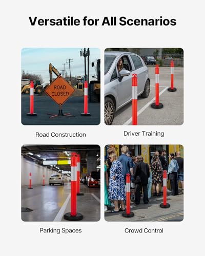 VEVOR 9 Pack Traffic Delineator Posts, 45 inches Traffic Safety Cones with Fillable Base and Reflective Strips, Heavy Duty Delineator Posts for Construction Site, Parking Lot, Crowd Control, Red
