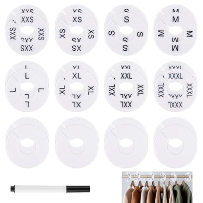25 PCS Clothing Rack Size Dividers, Round White Plastic Size Markers, Pre-Labeled (XXS-XXXL) & Blank Dividers with Erasable Pen Closet Dividers for Hanging Clothes, Retail Store, Wardrobe Organizer