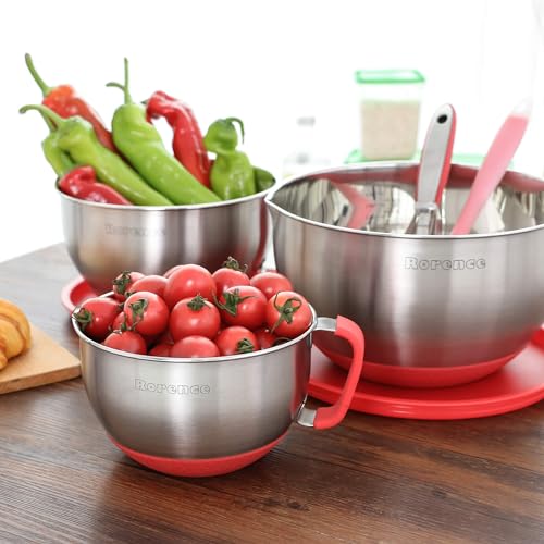 Rorence Stainless Steel Mixing Bowls: Metal Mixing Bowl Set with Lids and Handles Non-slip Silicone Bottom Nesting Bowls for Kitchen Set of 3 - Red - color: Red