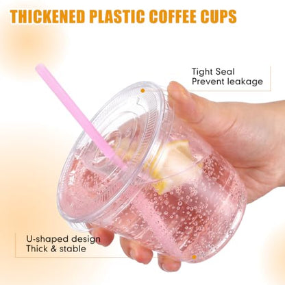 Ziliny 50 Pack 10 oz Plastic Cups with Lids Straws Iced Coffee, Pink - color: Pink, size: 10 oz
