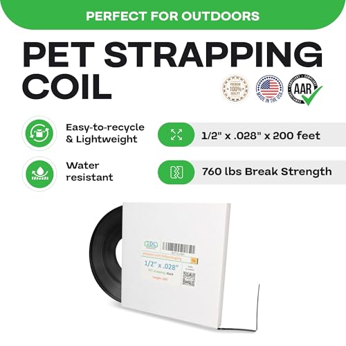 IDL Packaging 1/2" x .028" x 200' Mini Polyester (PET) Strapping Coil, 760 lbs Breaking Strength, Black - UV, Water and Rust Resistance - Flexible and Strong Packaging Banding - size: 1/2W" x 200L' (760 lbs BS)