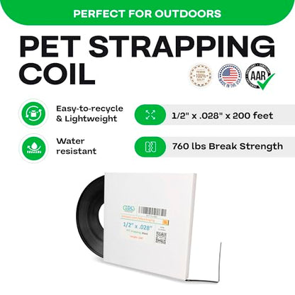 IDL Packaging 1/2" x .028" x 200' Mini Polyester (PET) Strapping Coil, 760 lbs Breaking Strength, Black - UV, Water and Rust Resistance - Flexible and Strong Packaging Banding - size: 1/2W" x 200L' (760 lbs BS)