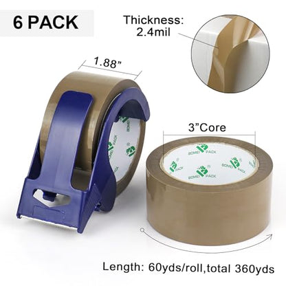 BOMEI PACK 6 Rolls Silent Brown Packing Tape, 1.88" x 60 yds,Heavy Duty Packaging Carton Tape for Shipping Packaing Moving Sealing, 2.4mil Thickness, 60 Yards Per Roll with Blue Dispenser - color: Brown