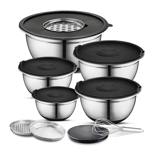 AVADOR Premium Brushed Stainless Steel Mixing Bowls Sets, Easy To Clean, Space Saving, Great for Cooking, Baking, Prepping Needs 0.25qt, 1qt, 1.5qt, 3qt, 5qt (9 pc Anti Slip with Lid and Graters) - size: 9 pc (0.25 qt, 1 qt, 1.5 qt, 3 qt, 5 qt)