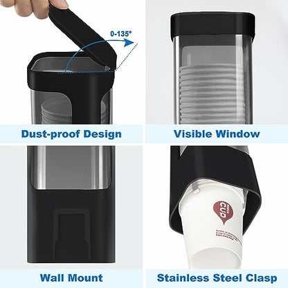 Cup Dispenser, Wall Mount Water Cooler Cups Holder Fit 3-5oz Cup - color: Black