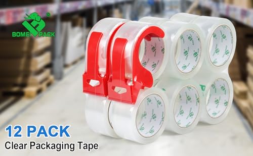 BOMEI PACK 12 Rolls Clear Packing Tape, Heavy Duty Packaging Tape with Dispenser,1.88In x 55Yd,2.4Mil Thick Industrial Grade Transparent Tape Refills for Shipping,Moving,Sealing and storages