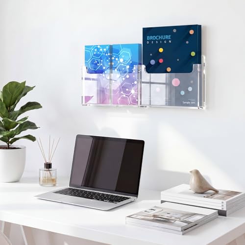 Sherr 1 Pcs Acrylic Brochure Holder Wall Mount with Removable Adjustable Dividers, 4/2 Pockets Large Capacity Literature Display Stand for 4''x 9'', 8.5''x11'' Pamphlets, 17.9'' x 7'' for Office Hotel - size: 17.9'' x 7''
