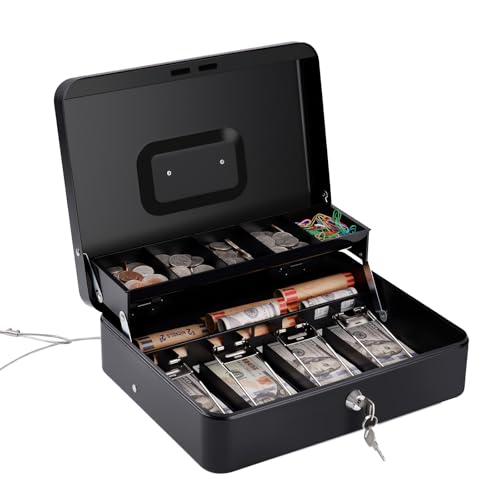 Sumerfnt Cash Box with Money Tray and Lock Money Box with Security Cable, Metal Locking Cash Box - 11.8" x 9.4" x 3.54" Black - color: Black-with Security Cable