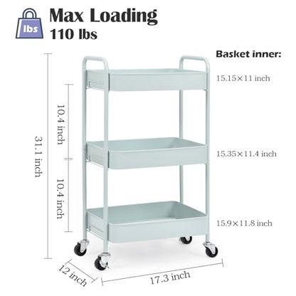 TOOLF 3 Tier Metal Rolling Cart, Utility Storage Cart with Wheels, Green - color: Green, size: 3-Tier