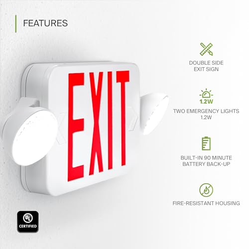 ASD LED Emergency Exit Sign with Battery Backup - 120-277V UL Double Face Rotatable Lighted Exit Signs with Emergency Lights for Business, Commercial Battery Operated LED Sign Power Outage