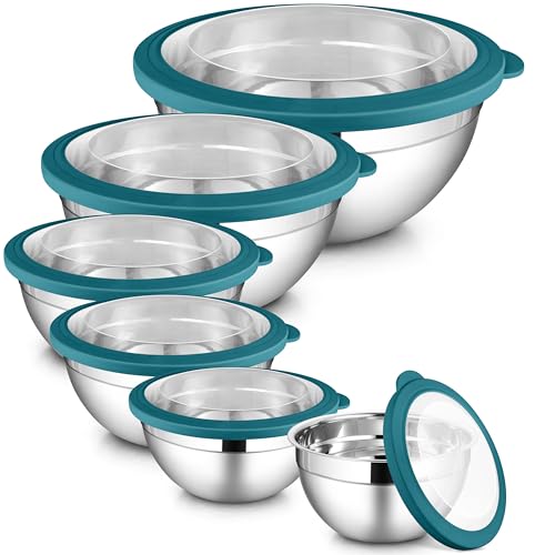 LIANYU 6 PCS Stainless Steel Mixing Bowls with Visible Lid for Food Storage - color: Dark Blue, style: Atlas Base with Visible Lids