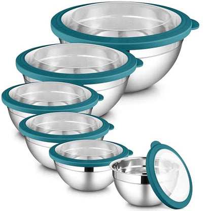 LIANYU 6 PCS Stainless Steel Mixing Bowls with Visible Lid for Food Storage - color: Dark Blue, style: Atlas Base with Visible Lids