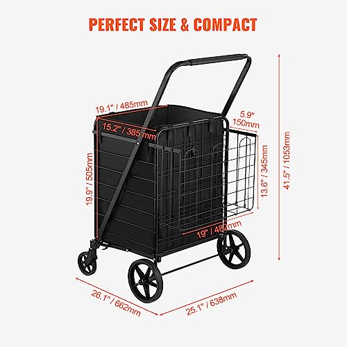 VEVOR Folding Shopping Cart with Removable Waterproof Liner, 330LBS Large Capacity Jumbo Grocery Cart with Dual Basket, 360° Swivel Wheels, Dense Metal Mesh Base, Heavy Duty Utility Cart for Shopping - size: Jumbo