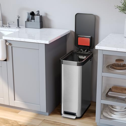iTouchless 13.2 Gal / 50L Slim Step Pedal Kitchen Trash Can | Odor Filter - color: Light Slim Silver