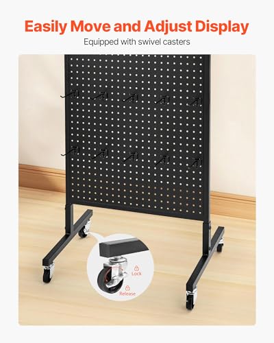 VEVOR Standing Pegboard Display, 23.6 x 63 in Pegboard Display Stand with Swivel Casters and 30 Hooks, Thickened Cold-Rolled Steel Peg Board Panel for Grocery, Retail Store and Jewelry Shop, Black
