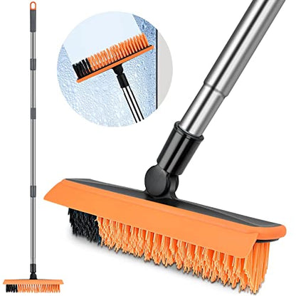 2 in 1 Floor Brush Scrubber with Long Handle Telescopic 3 Poles 61.8'' Grout Brush Scrape Stiff Bristle Cleaning Scrub Brush with Squeegee 180°Rotating Tile Brush for Cleaning Bathroom Glass Patio - color: Dark Orange Extended Pole