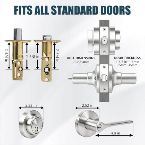 Keyed Alike Front Door Handle and Deadbolt Set, Exterior Door Lock Set with Deadbolt, Heavy Duty Round Door Knob and Deadbolt Lock for Front Doors, Satin Nickel, 1 Pack - size: 1pack-set