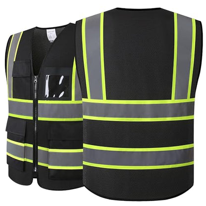 Reflective Safety Vest for Men Women High Visibility Vest with 8 Pockets and Front Zipper Mesh Reflective Vest (Black-07, Medium) - color: Black, size: Medium