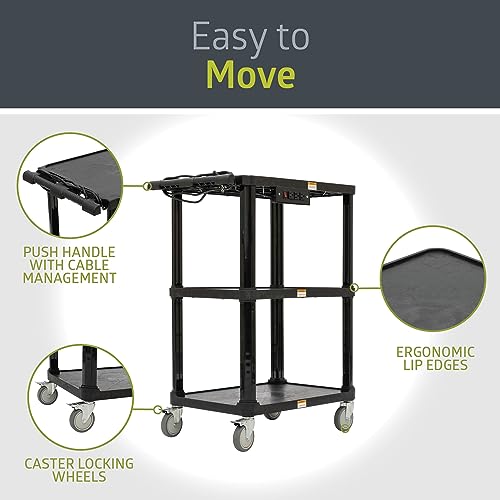 Pearington 3-Shelf Mobile Utility Cart with 3 Outlets and 8' Cord, Heavy-Duty Service Cart for Offices and Warehouses with 3 Shelves, Black, 2 Pack - size: 2 Pack