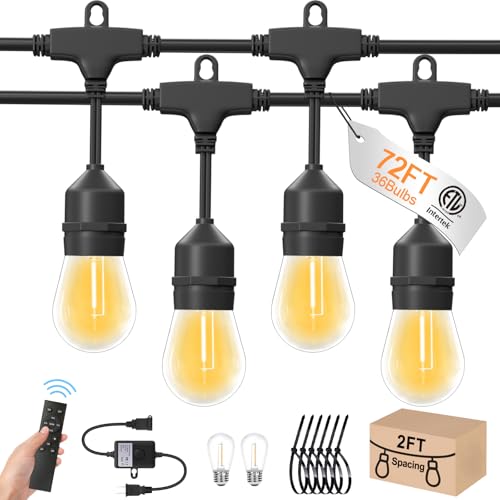 72ft Outdoor String Lights with Remote & Dimmer,36+2 Commercial Grade IP65 Waterproof Bulbs, 2700K Warm White,3 Lighting Modes & Timer,Includes 40 Cable Ties for Patio,Garden, Party - size: 72FT with 36+2Bulbs(2FT Bulbs Spacing)