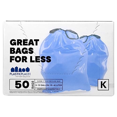 Plasticplace Custom Fit Trash Bags, Compatible with simplehuman Code K (50 Count) Tinted Blue Drawstring Garbage Liners 10 Gallon / 38 Liters, 24" x 28" - color: Blue, size: 50 Count (Pack of 1)