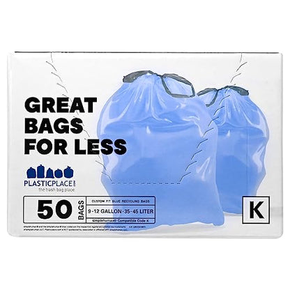 Plasticplace Custom Fit Trash Bags, Compatible with simplehuman Code K (50 Count) Tinted Blue Drawstring Garbage Liners 10 Gallon / 38 Liters, 24" x 28" - color: Blue, size: 50 Count (Pack of 1)