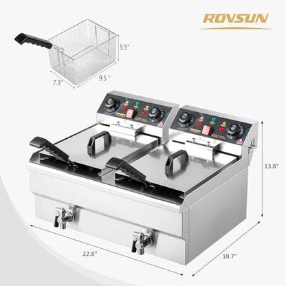 ROVSUN 24.9QT Electric Deep Fryer with Baskets, Timer Drains & Lids, 3400W Commercial Deep Fryer, Dual Tank Kitchen Countertop Frying Machine, Adjustable Temperature for Home Restaurant - size: Double Fryer with Timer & Drain-24.9QT