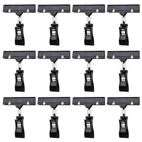 12 Pcs Sign Holder Clip for Display, Rotatable Double Sided Clip, Plastic Price Rack Shelf Clips, Swivel Sign Clips for Sale Retail Display,Merchandising Pop Clips for Retail Rack, Baskets or Cards - color: Black