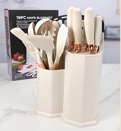 Kitchen Cooking Utensils and Knife Set with Holder Block, 19 Pieces Cooks Cutting Set 11 Pcs Silicone Cooking Utensils Sharp Stainless Steel Knives Scissors Whisk Tongs and Cutting Board (Purple) - color: Purple