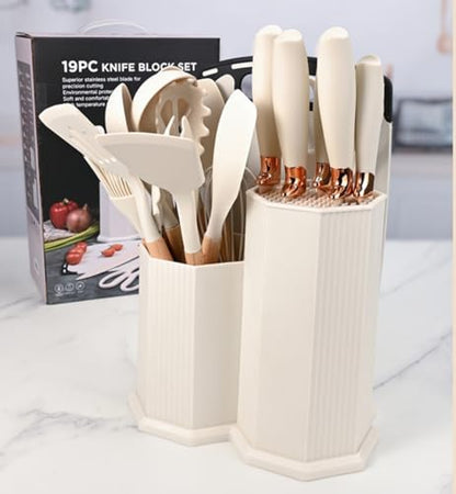 Kitchen Cooking Utensils and Knife Set with Holder Block, 19 Pieces Cooks Cutting Set 11 Pcs Silicone Cooking Utensils Sharp Stainless Steel Knives Scissors Whisk Tongs and Cutting Board (Purple) - color: Purple