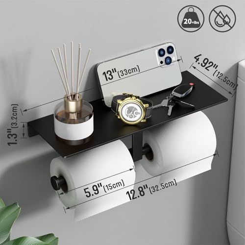 Danpoo Matte Black Toilet Paper Holder with Shelf, Wall-Mounted Bathroom Organizer, Double Roll - color: Black