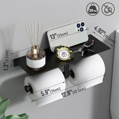 Danpoo Matte Black Toilet Paper Holder with Shelf, Wall-Mounted Bathroom Organizer, Double Roll - color: Black