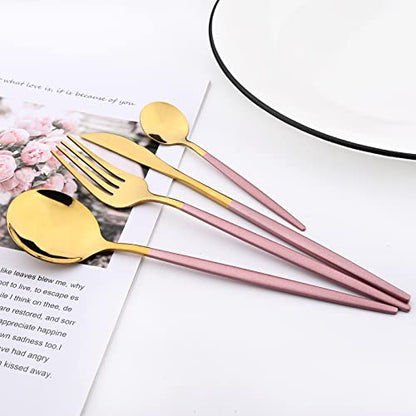 Mirror Cutlery Serving Set, 24-piece 18/0 Stainless Steel Silverware With Pink Handle Simple & Modern Tableware For Home Party Restaurant Christmas Dinner, Service For 6 (Pink Gold) - color: Pink gold