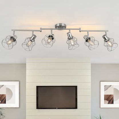 WILON Track Lighting Fixtures, 6-Light Brushed Nickel Flush Mount Track Light Ceiling, 6 Way Spot Light Kitchen Light Fixtures Directional Ceiling Spotlight for Kitchen Hallway Living Room - color: Brushed Nickel, size: 6-Light-Cage