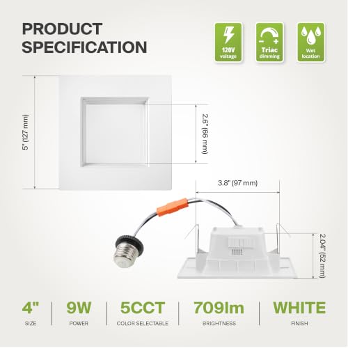 ASD LED Retrofit 4 Inch Recessed Lights - Square 9W 709LM 2700-5000K Recessed Lighting 4 Inch, Wet Rated Dimmable Can Lights, Baffle Trim Wafer Lights, UL 12 Pack - color: White, size: 12 Pack