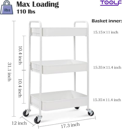 TOOLF 3 Tier Metal Rolling Cart, Utility Storage Cart with Wheels, White - color: White, size: 3-Tier