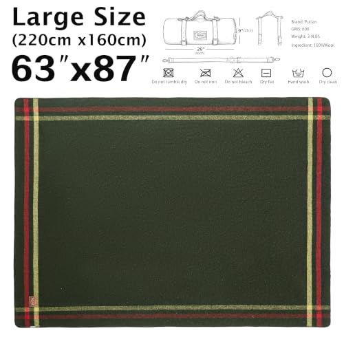 PuTian 100% Wool Blanket - Camping Outdoor Blanket, Plaid Army Green - color: Plaid Pattern Army Green, size: 63" × 87"
