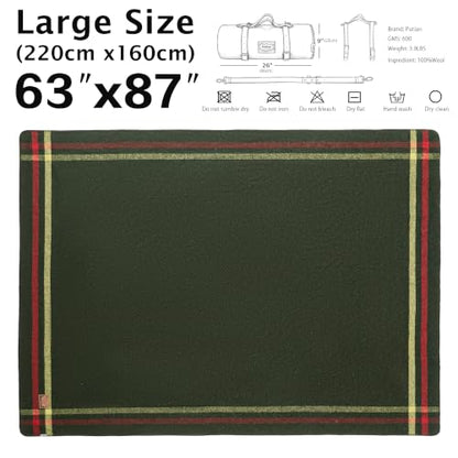 PuTian 100% Wool Blanket - Camping Outdoor Blanket, Plaid Army Green - color: Plaid Pattern Army Green, size: 63" × 87"