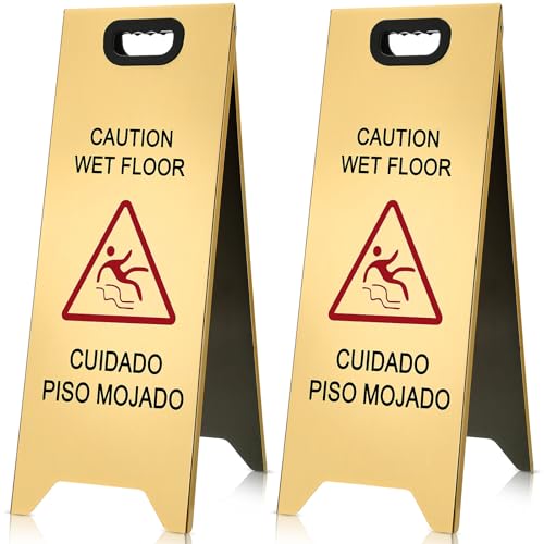 MorningRo 2 Pcs 24 Inch Stainless Steel Wet Floor Sign, Gold - color: Gold