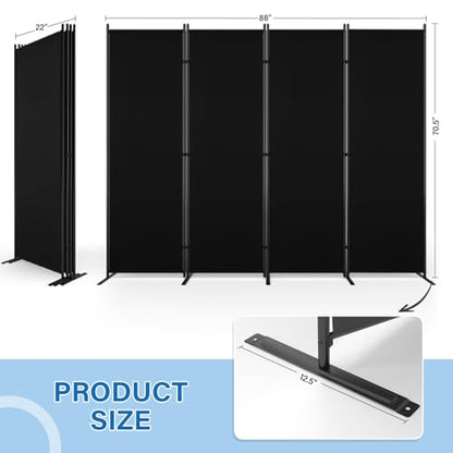 AKTOP 4 Panel Room Divider, 88"W x 6FT Fabric Folding Privacy Screen, Black - color: Black
