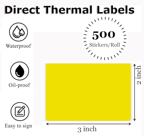 3" x 2" Thermal Labels Stickers Yellow, Thermal Printer hipping Stickers, Multipurpose Inventory Self-Adhesive Direct Thermal Label for Small Business (500 Labels/Roll) - color: Yellow, size: 3" x 2"