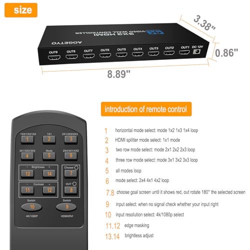 Video Wall Controller 3x3 HDMI Video Image Processor, Support 3840x2160/30HZ HDMI Input & DVI Input, 9-Screen Splicing TV Wall Controller, Support 180 Degree Rotation 3x3 3x2 2x2 3x1 1x4 2x3 4x2 2x4