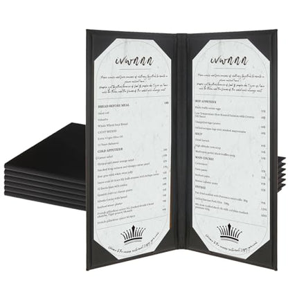 4.25'' x 11'' Menu Covers 6 Pack Black PU Leather Menu Holders Book Style with Angled Corners Double View Menu Sleeves Easy-Insert Design Waterproof for Bar Cafe Restaurant Menu Covers - size: 2 View, 6 Pack
