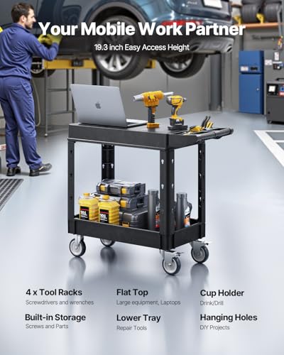 VEVOR Utility Cart, 550 lbs Load Capacity, 31.3 x 17.7-inch Service Cart, Two-Shelf Heavy Duty Plastic Utility Cart with 360° Swivel Wheels (2 with Brakes), Suitable for Warehouse, Garage, Cleaning - style: 550 LBS-Small