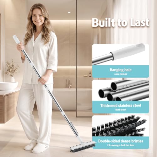 AIR U+ Floor Scrub Brush with Long Handle, 4 in 1 Floor Scrubber & Squeegee - color: Gray and Pink