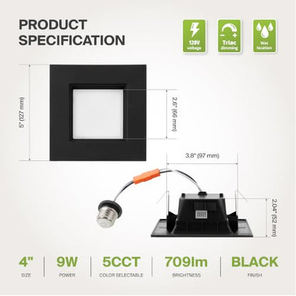 ASD LED Black Retrofit 4 Inch Recessed Lights - Square 9W 709LM 2700-5000K Recessed Lighting 4 Inch, Wet Rated Dimmable Can Lights, Baffle Trim Wafer Lights, UL 6 Pack - color: Black, size: 6 Pack