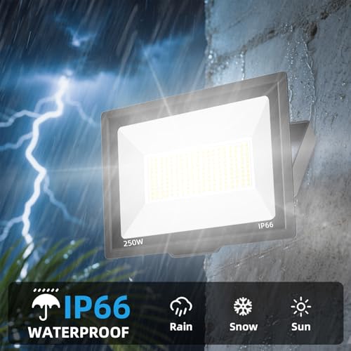 2 Pack 250W LED Flood Lights Outdoor, Super Bright Exterior Security Light with Plug, IP66 Waterproof Flood Light, 30000LM 6000K Daylight White Floodlight for Yard, Garden, Basketball Court, Arena - size: 250w-2pack